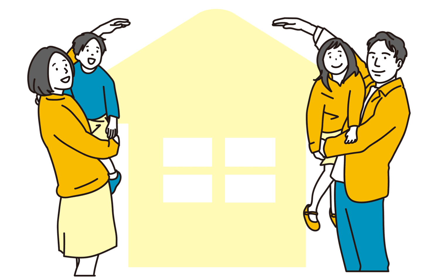 家を囲んでいる4人家族のイラスト